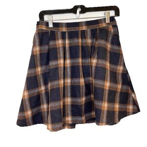 ModCloth Navy Blue Plaid Pleated Wool Skirt School Girl Size S Lined Womens